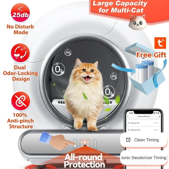 Self Cleaning Cat Litter Box, Automatic Litter Box w/ Liner, Dual Sensor Protection for Multi Cat, APP  Panel Control, Odor Removal, Health Monitoring, Large Capacity Litter Box