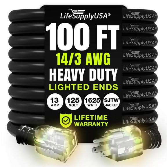 100ft Outdoor/Indoor Extension Cord 14/3 Gauge Heavy Duty 3 Prong SJTW, Waterproof, Flexible Cold-Resistant Long Power Cord,13A 125V 1625W, Black by LifeSupplyUSA