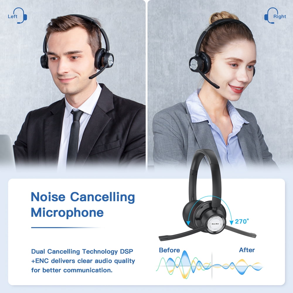 New bee Wireless Bluetooth 5.0 Headset with Noise Cancelling Mic (DSP+ENC), 270° Rotating Boom Mic HD Voice, 25H Playback/20H Talk, Mute Button, for Online Learning/Meetings/Skype