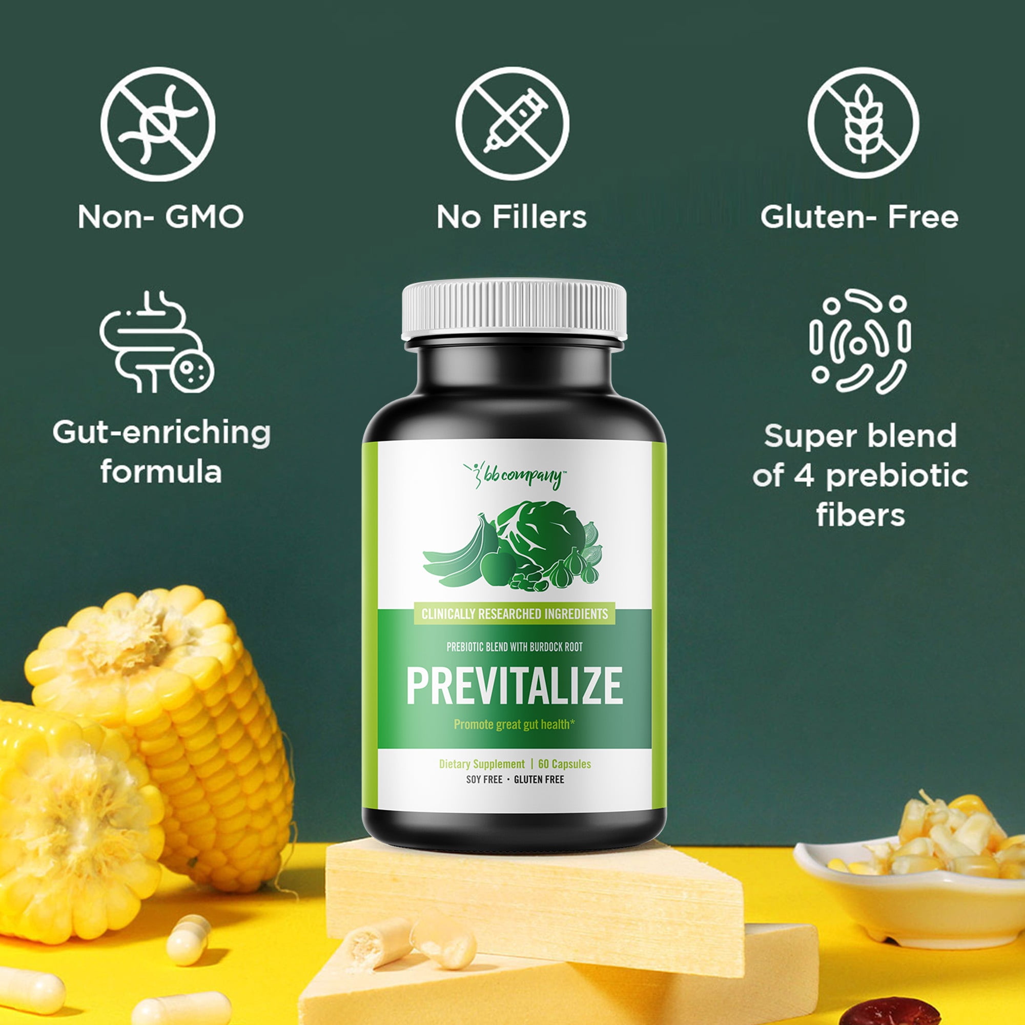 BB Company Previtalize, Prebiotic for Digestive Gut Health, Compliment to Provitalize, 60 Ct