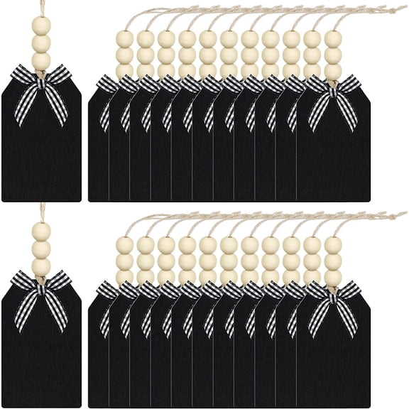 24PCS Christmas Stocking Wood Tags with Buffalo Plaid Row Farmhouse Xmas Hanging Tag with Wood Bead for Winter Decor
