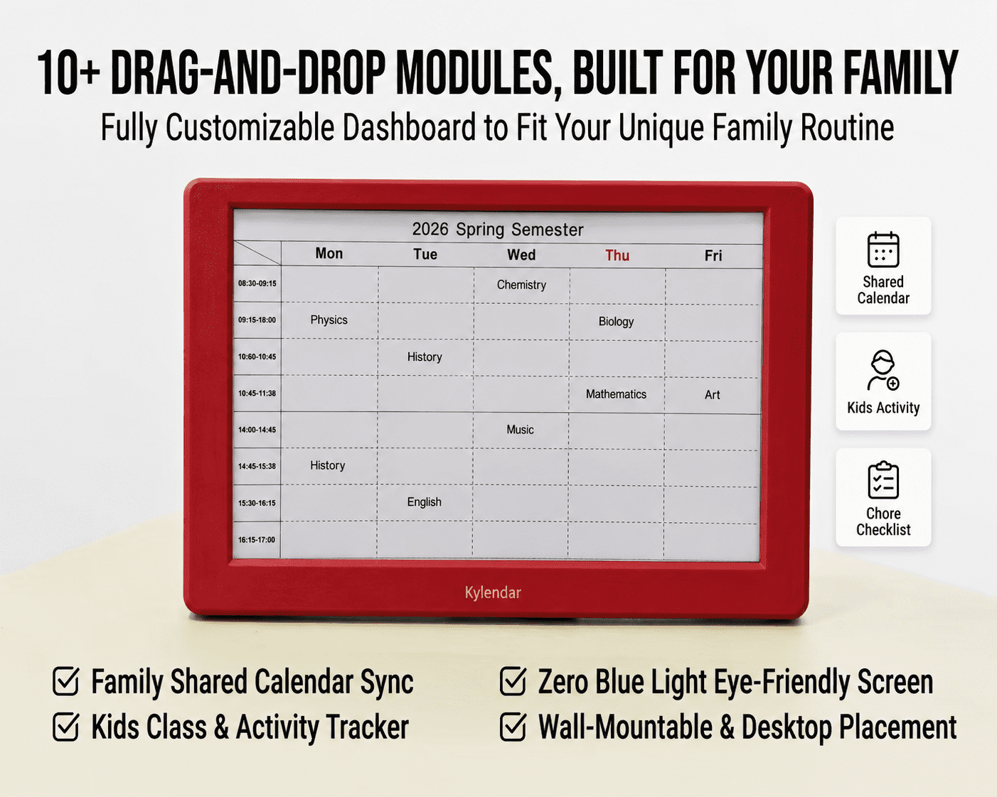 Kylendar V2 7.5" E-Ink Family Calendar, Smart Shared Schedule Display for Home Organization, Red
