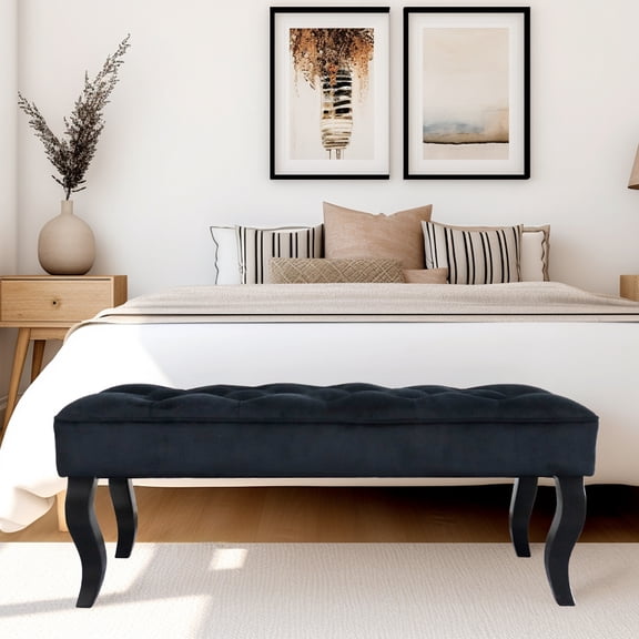 JHY DESIGN Dutch Velvet Ottoman Bench 40" L End of Bed Bench with Solid Wood Legs and Button-Velvet Navy Soft Bench for Bedroom for Bedroom Entryway Sofa Living Room Balcony Indoor
