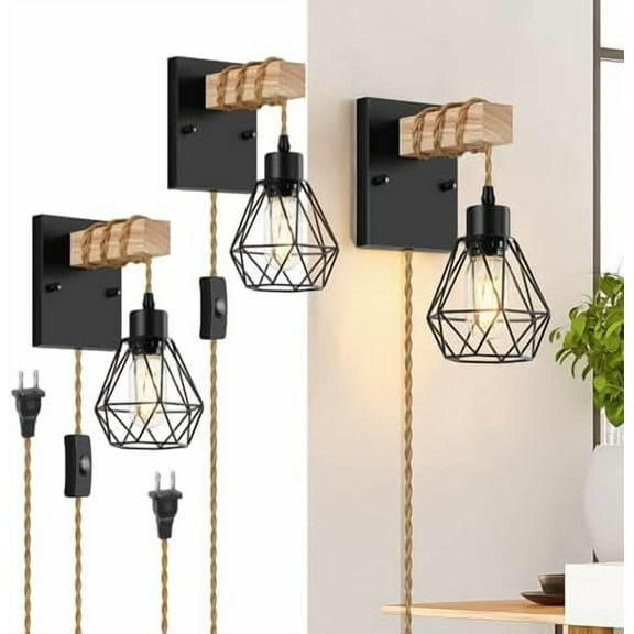 Farmhouse Wood Wall Sconces with Plug in Cord, Black Wall Sconces Set of Two, Wall Lamps that Plug into Wall Outlet, Vintage Sconce Lighting Wall Decor for Bedroom Living Room, with 5.58FT Cord
