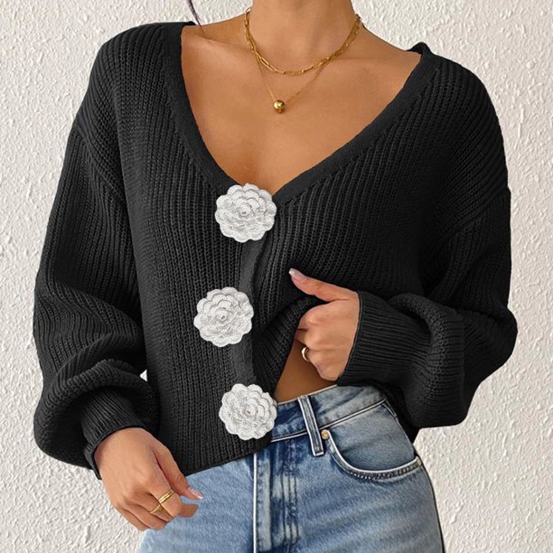 Suéter de cuello en V para mujer, cárdigan informal de moda con cuello en V y botones de manga larga, top de acrílico para mujer