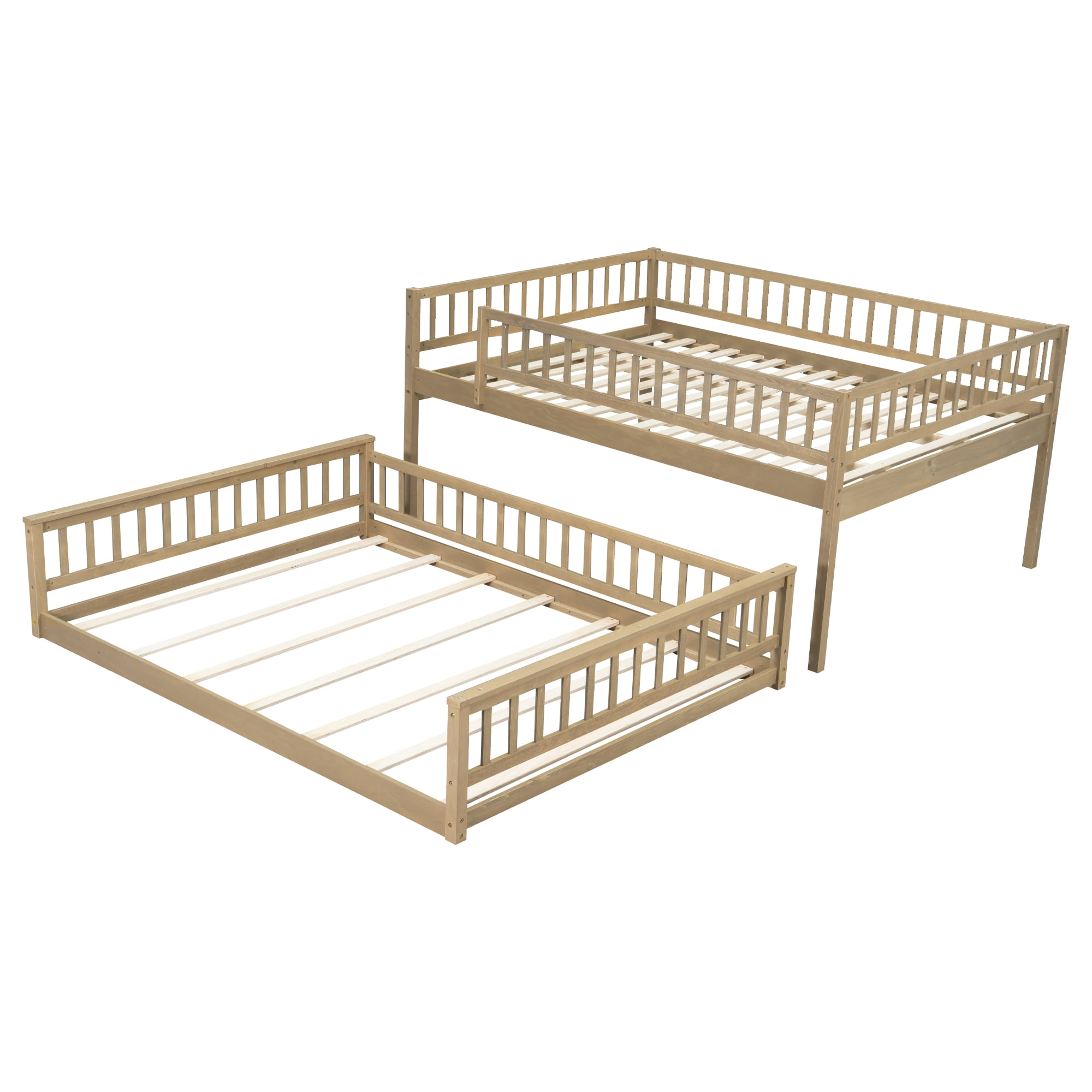 Euroco Wood Queen over Queen Bunk Bed with Ladder and Guardrails, Walnut