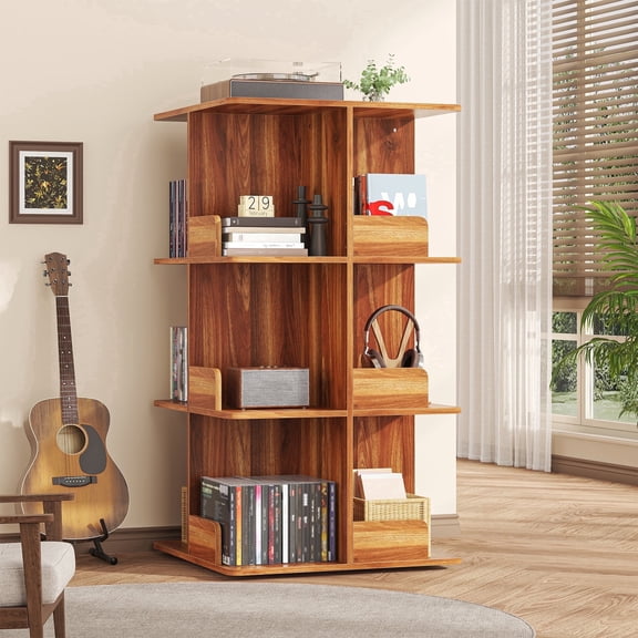 360° Revolve Bookcase for Living Room, 4 Tier Record Player Stand, Wood Farmehouse Display Storage Shelves for Home Office, Bedroom, Brown