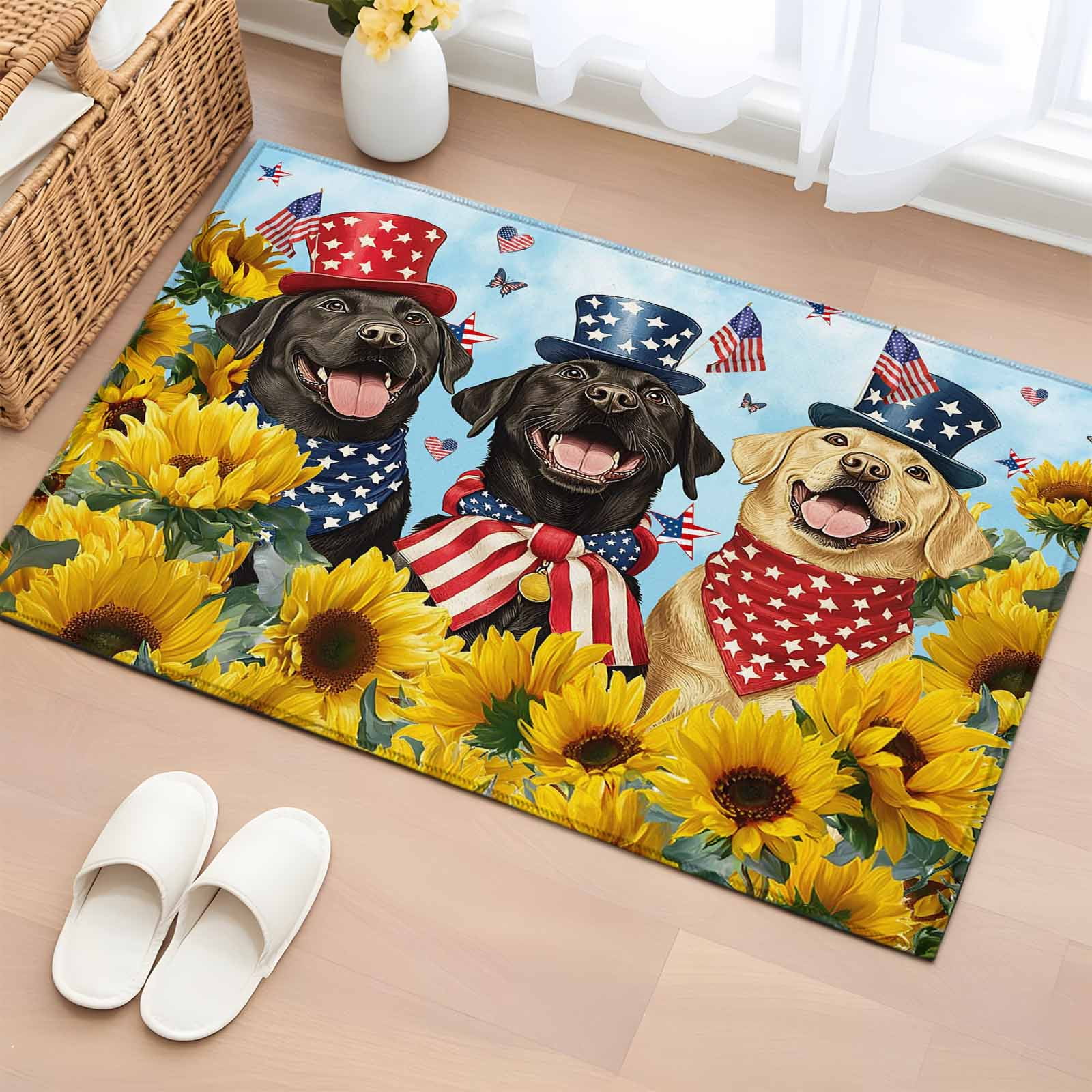 Area Rug 2x3ft Independence Day USA Flag Cute Dogs Washable Rugs for Living Room Bedroom Farm Sunflowers Soft Non-slip Area Rugs Rectangle Floor Carpet for Dining Room