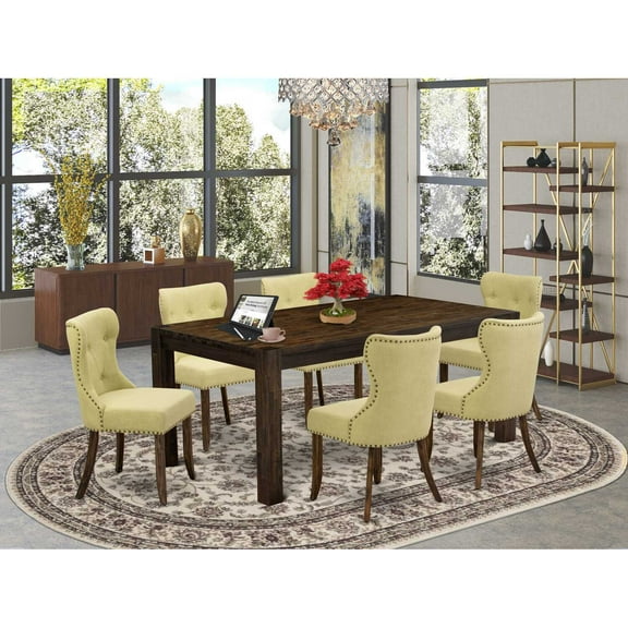 East West Furniture LMSI7-77-37 7-Piece Dining Room Table Set- 6 Dining Chair with Limelight Linen Fabric Seat and Button Tufted Chair Back - Rectangular Table Top & Wooden 4 Legs - Distressed...