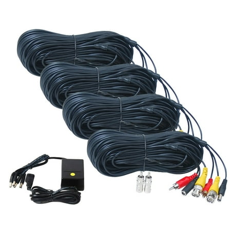 VideoSecu 4 Pack CCTV 100ft HD Video Audio Power Extension Cable Wire Cord with 4CH Power Supply and Free Adapters for AHD HD-CVI HD-TVI CCTV Security Camera WUV