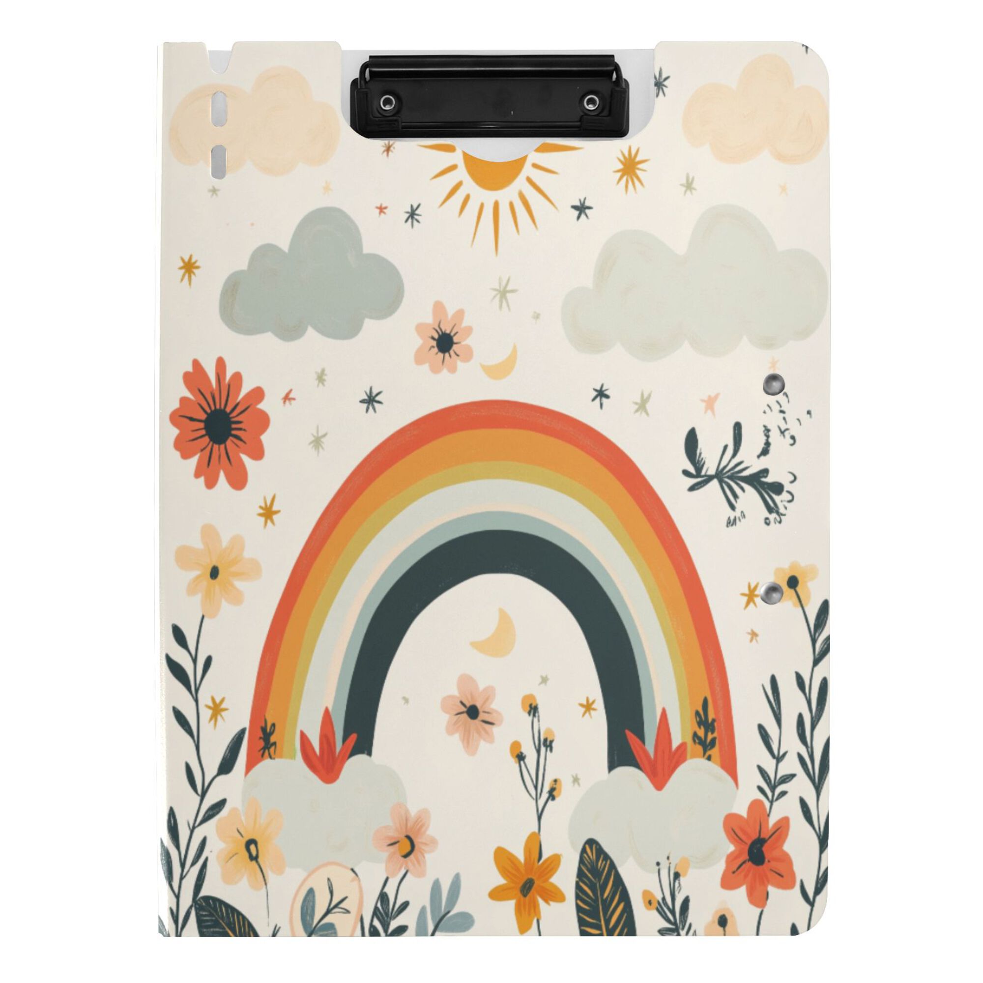 FORMRS A4 Clipboard Folder with Pen Holder Horizontal Foldable School Office Binder, Cute Rainbow