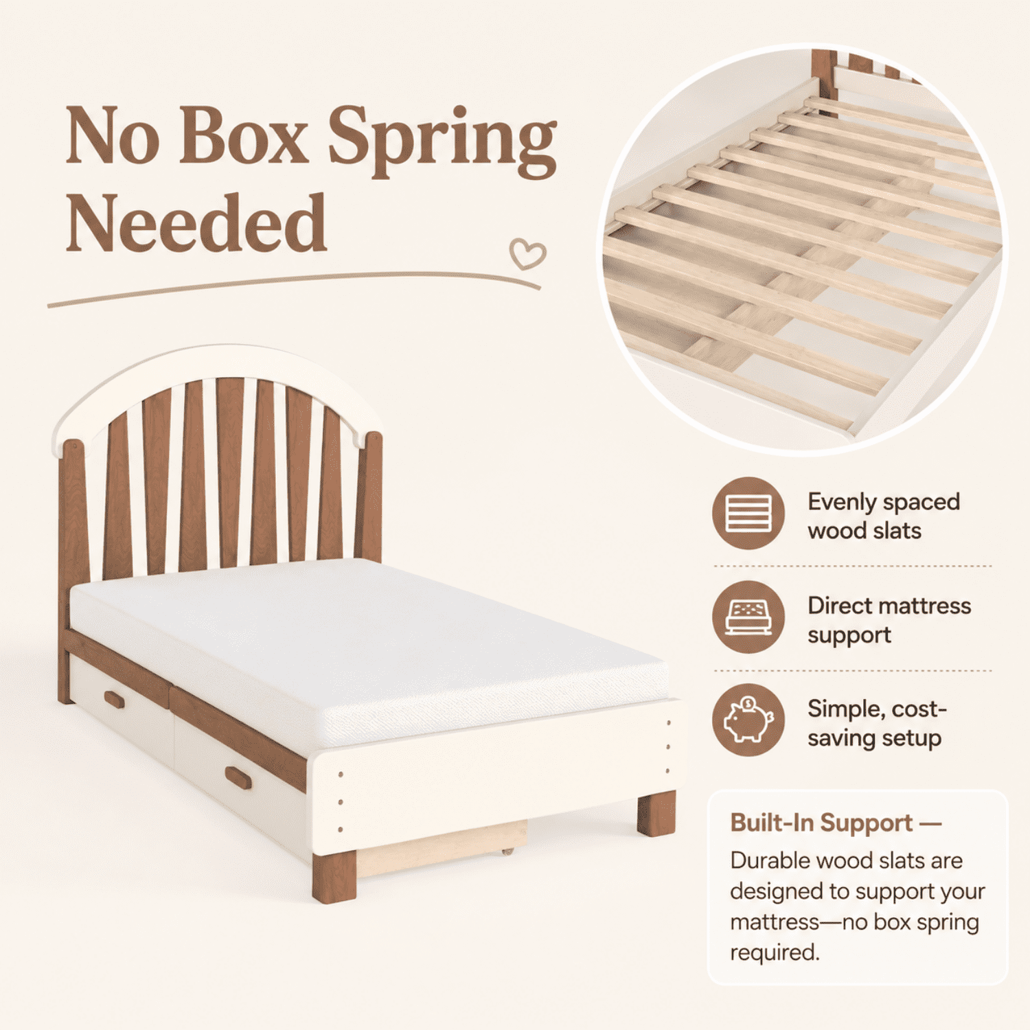 Miniyam Twin Size Kids Bed Frame with Storage Drawer, Wooden Platform Bed, Beige & Natural