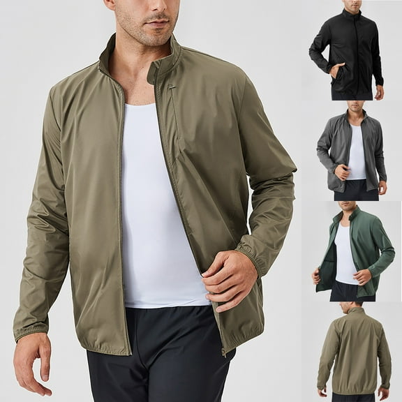 Axiiglly Mens Lightweight Jackets Outdoor Hiking Stand Collar Jackets Vintage Casual Zip Windproof Jackets with Pockets