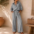 thumbnail image 2 of MaFYtyTPR Women 2 Piece Striped Outfits 3/4 Sleeve Button Down Shirt with Drawstring Wide Leg Pants Casual Comfy Two-piece Set A-Black XL, 2 of 6