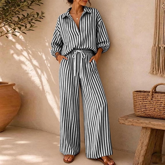 BRELIL Women Plus Size Two Piece Set Striped Collared Long Sleeve Shirt Wide Leg Pants Loose Boho Vacation Casual Travel Outfits Tracksuit, Black 3XL