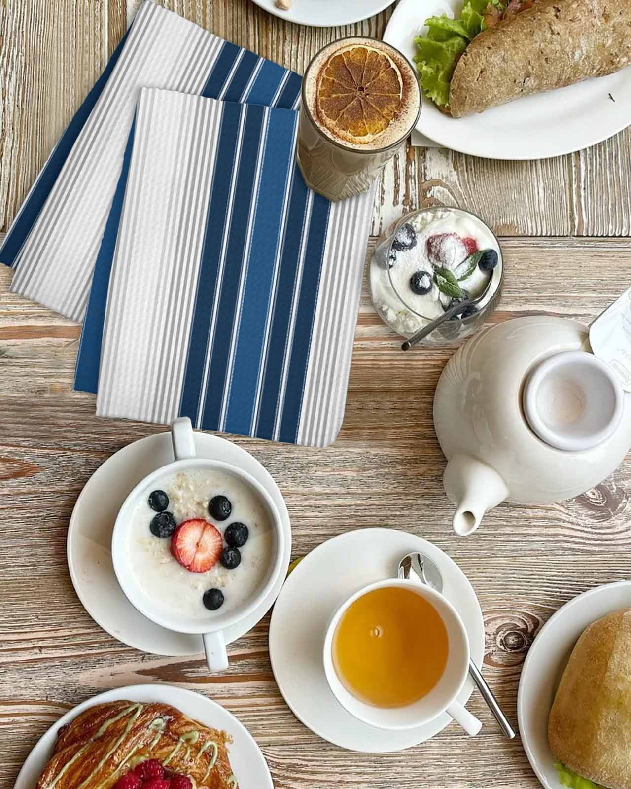 Lake Blue Stripes Kitchen Dish Towels for Drying Dishes Set of 4, Minimalist Abstract Vertical Lines Waffle Weave Microfiber Terry Hand Tea Bathroom Towels Quick Dry & Absorbent Towel 15.7x23.6
