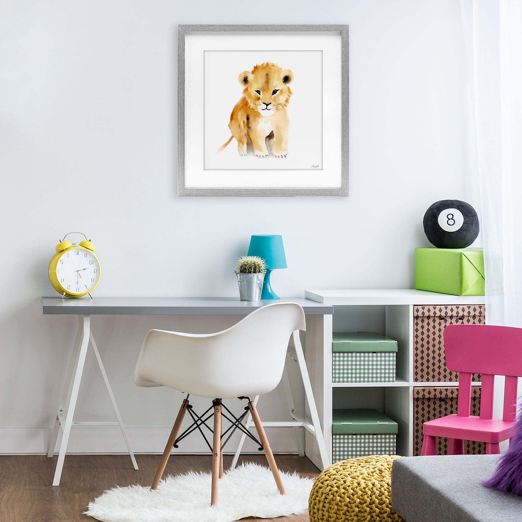 Stupell Industries Minimal Lion Cub Gray Framed Print Under Glass, design by Roozbeh