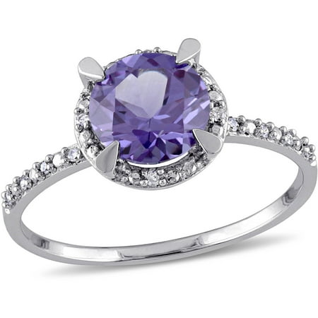 1-5/8 Carat T.G.W. Created Alexandrite and Diamond-Accent 10kt White Gold Halo Ring
