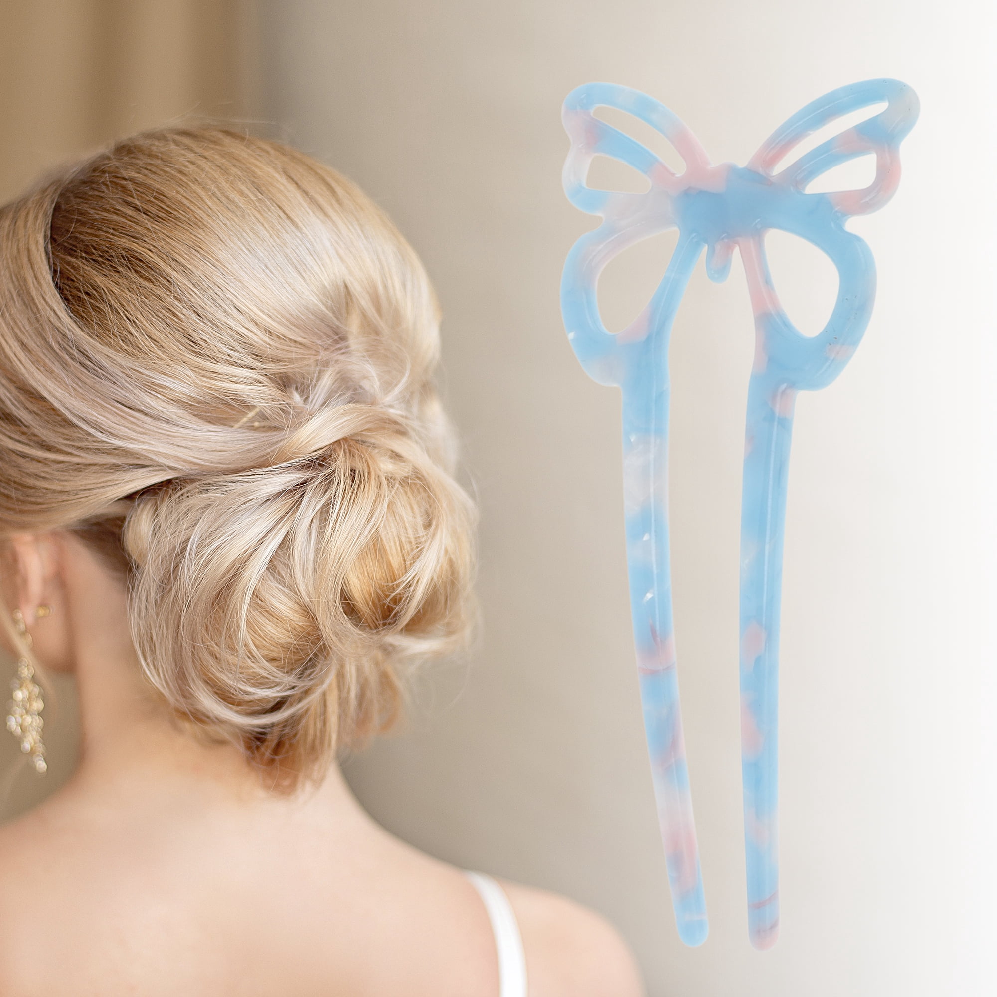 Unique Bargains Butterfly Hair Stick Fork Pins for Women 1 Pc Light Blue, Pink