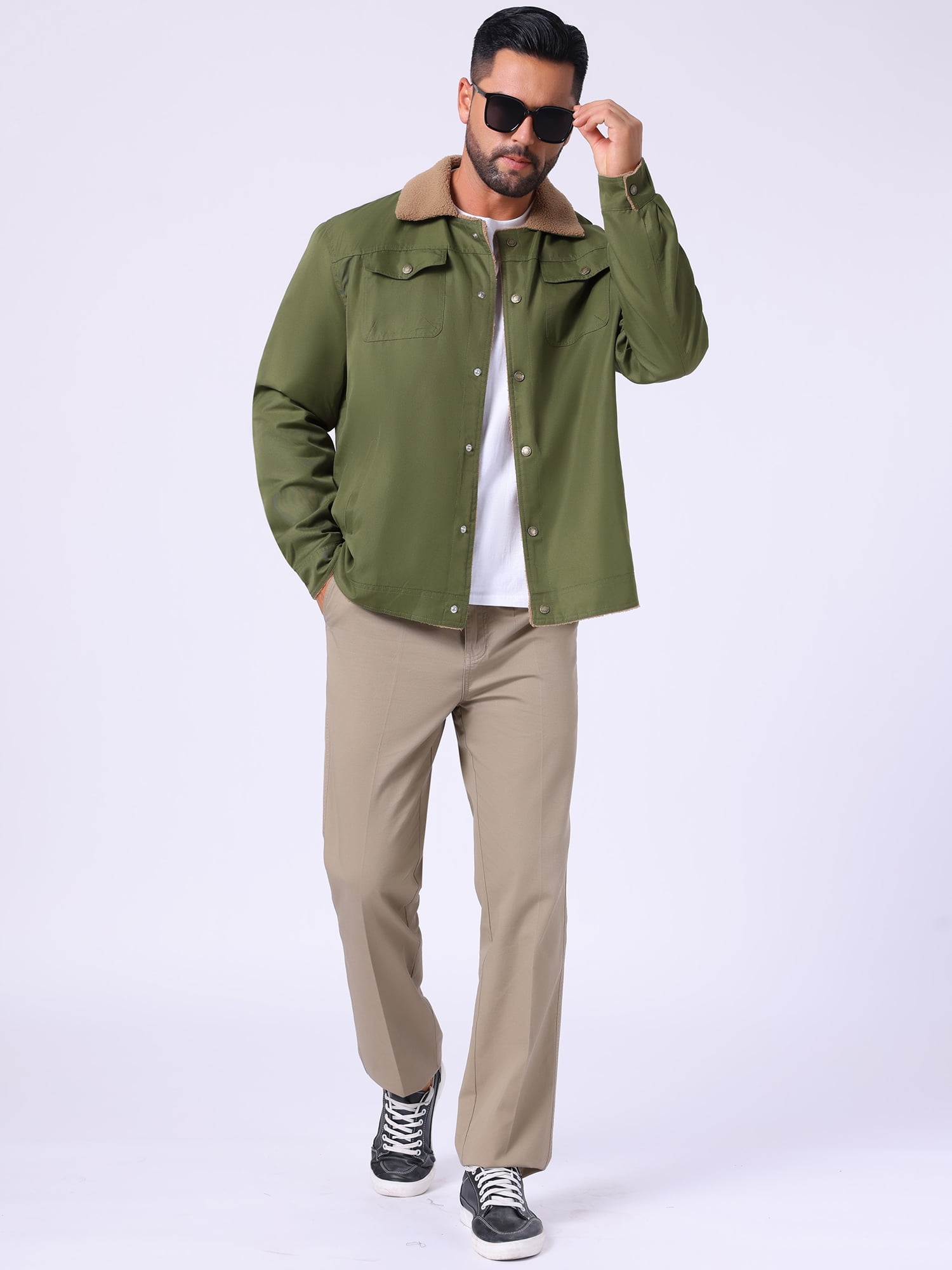 DARING DIVA Collared Button Front Fleece Lining Cargo Trucker Jacket M Olive Green