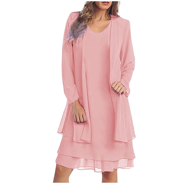 Yuyuzo Ensemble de Robe d'Invitée de Mariage 2 Pcs Tenues Formelles Chiffon Manches Longues Cardigan Ouvert Maxi Robe de Soirée