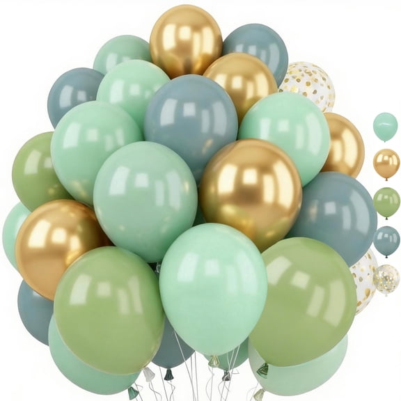 60 Packs 12 Inch Sage Green Blue Balloon with Fog Blue Sand White and Gold Balloons for Jungle Safari Boho Birthday Baby Shower Party Decorations