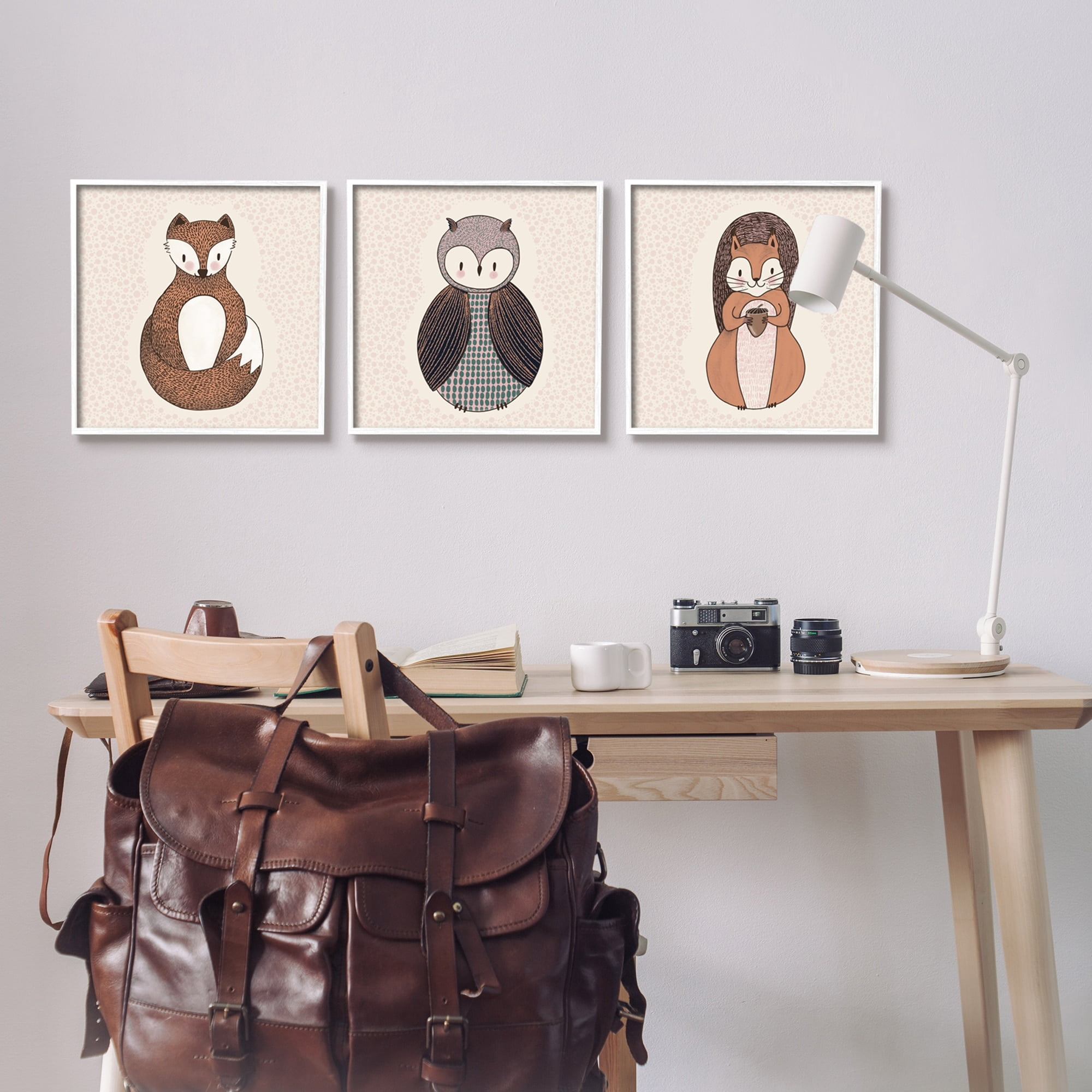Stupell Industries Stylized Forest Animal Portraits Kids Owl Fox Squirrel Graphic Art White Framed Art Print Wall Art, Set of 3, Design by Birgit Maria Kiennast