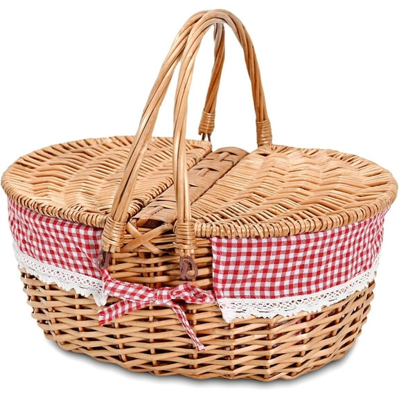 Wicker Picnic Basket with Removable Liner Empty Picnic Baskets with Lid, Picnic Hamper with Foldable Handles for Picnic,Checkered