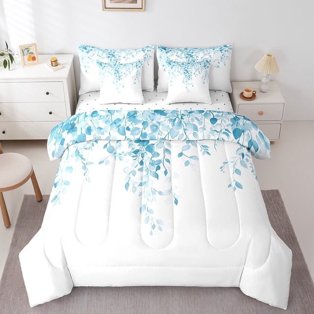 Erosebridal Cartoon Leaf Comforter Sets King Size, Rustic Botanical Comforters & Duvets, Eucalyptus Leaves Decor, Reversible