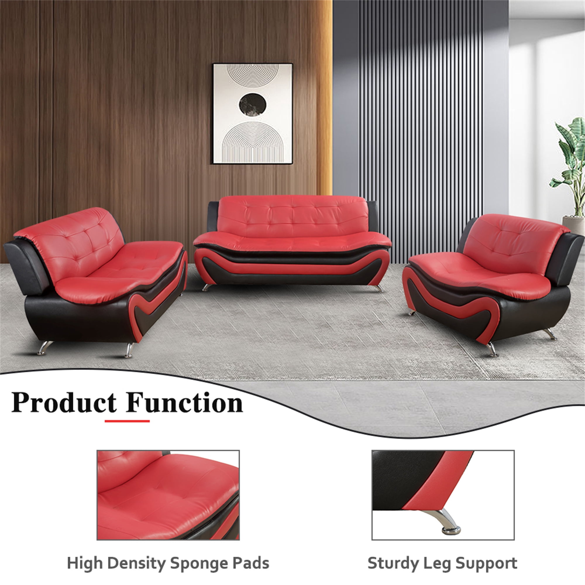 Aukfa 76.5" Upholstered 3 Seat Sofa Couch for Living Room, Leather, Tufted Back, Black&Red
