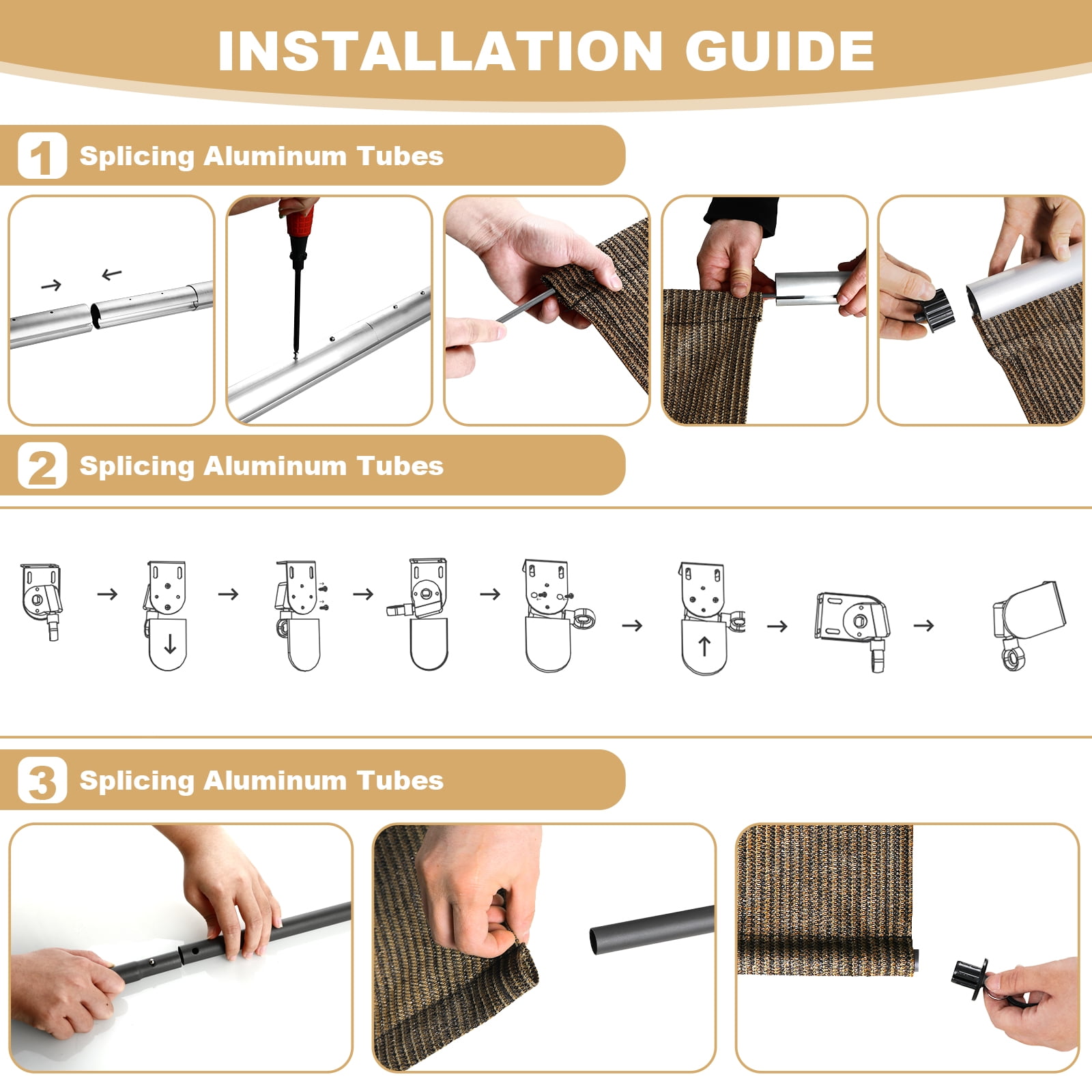 TLGREEN Outdoor Roller Sun Shade 8' x 8', HDPE Shade Cloth, Aluminum Tube（Brown）