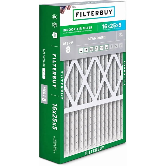 Filterbuy 16x25x5 Air Filter MERV 8 Dust Defense, Pleated HVAC AC Furnace Filter Replacement for Honeywell & More, 1-Pack