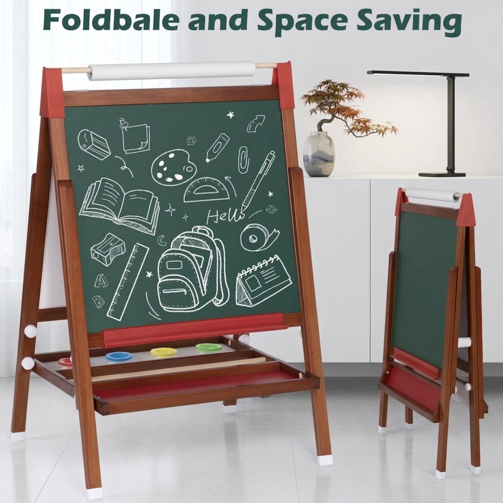 Fenbeli Wooden Kids Art Easel, Height-Adjustable Double-Sided Magnetic Whiteboard and Chalkboard for Ages 3-12, Natural Wood