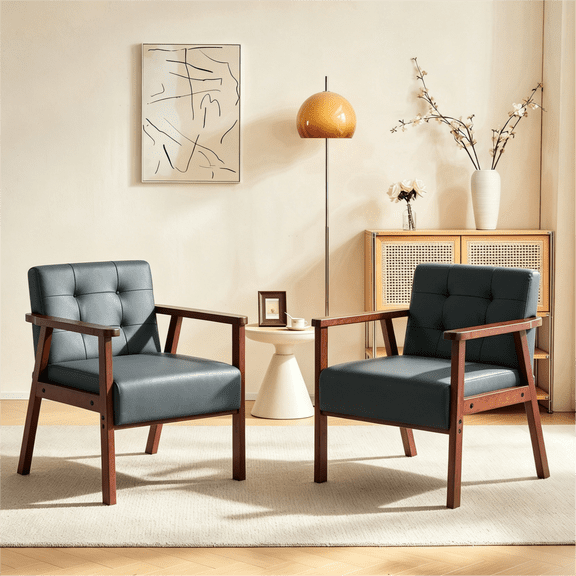 Gewnee Accent Chair Set of 2,Mid-Century Modern Armchair with Solid Wood Frame,PU Upholstered Reading Chair for Living Room,Bedroom,Black