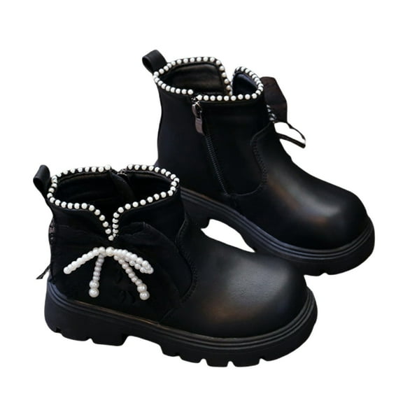 Girls Booties Girls Ankle Boots With Bow Pearl Detail Winter Work Boots Chunky Sole Lined Girls Ankle Boots Black 7 Y-8 Y