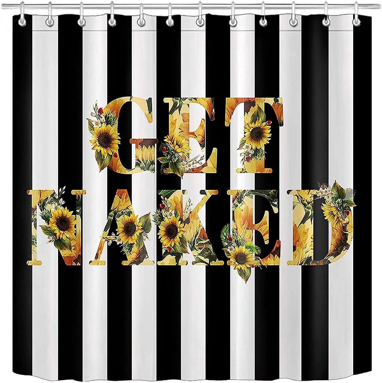 4Pcs Get Naked Sunflower Shower Curtain Sets Floral Green Bathroom Set Decor with Non-Slip Rugs Bath U-shaped Mat Toilet Lid Cover Country Flower Bathroom Curtains Shower Set with 12 Hooks