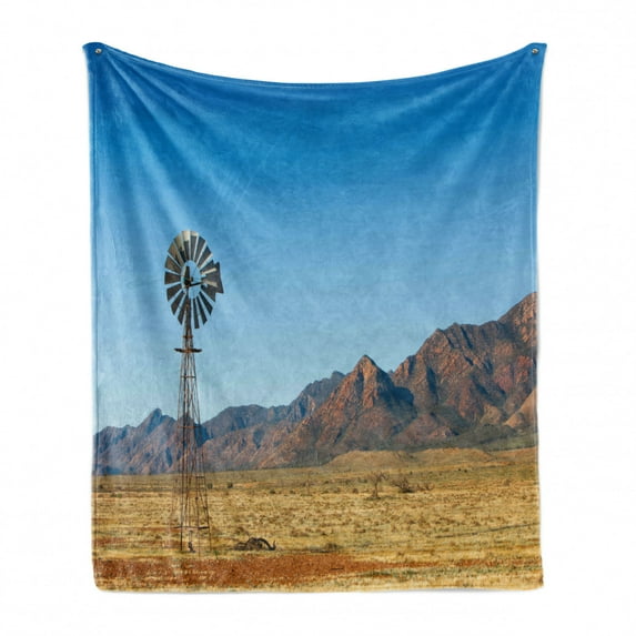 Windmill Soft Flannel Fleece Throw Blanket, Flinders Ranges South Australia Mountains Barren Land Summer, Cozy Plush for Indoor and Outdoor Use, 60" x 80", Earth Yellow Pale Blue, by Ambesonne