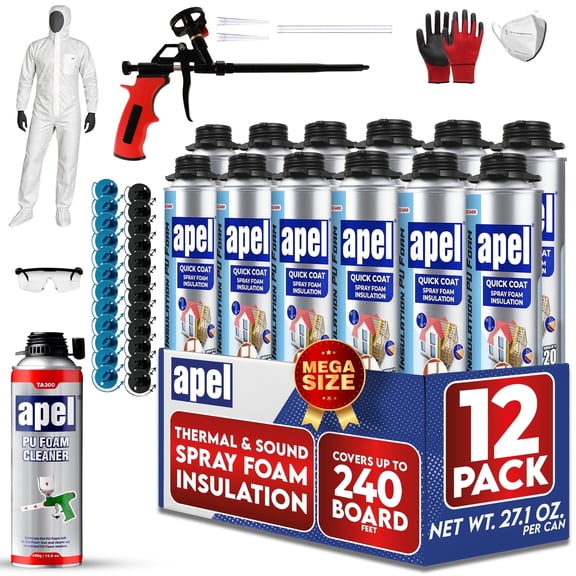 apel Spray Foam Insulation Kit (12 x 32.80 oz./240 Bd ft) Heat and Acoustic Insulation, Self Expanding Polyurethane Foam, Application Gun and Cleaner Included - 12 Pack