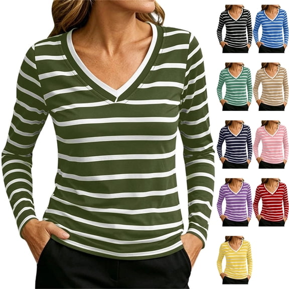 Women's Scrub Undershirt Long Sleeve Striped V Neck Slim Fit Soft Stretch Tee Base Layer Top for Nurses Fall Winter, Army Green, L