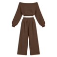 thumbnail image 4 of GILIGEGE Women's 2 Piece 2026 Fall Fashion Lounge Set Fall Fashion Long Sleeve Off Shoulder Crop Top Wide Leg Drawstring Pants Airport Outfit,Athleisure Workout Set,Casual Sweatsuit Coffee, 4 of 4