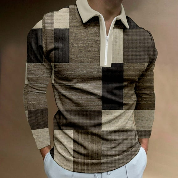 Aayomet Long Sleeve Polo Shirts for Men Plaid Collar T Shirt Turn Down Collar Long Sleeve Tops T Shirt (Brown, XXL)