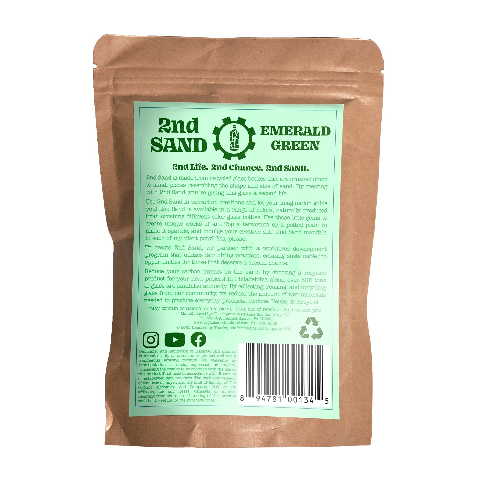 Organic Mechanics 2nd Sand - Emerald Green Recycled Glass, 1lb - Eco-Friendly Filler for Terrariums, Décor, Planters & DIY Art - Made from Crushed Bottles - Sustainable & Handcrafted in USA