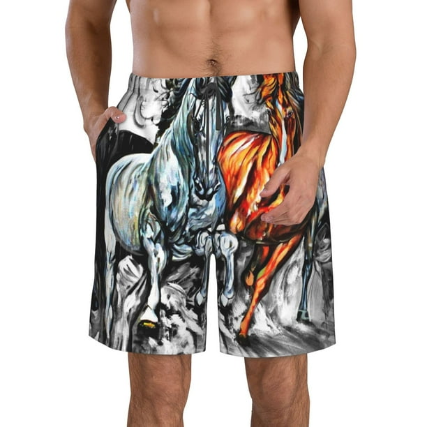 Balery Four Running Horses Traje de Baño Estilo Hawaiano para Hombre, Shorts de Secado Rápido con Bolsillos-XX-Large