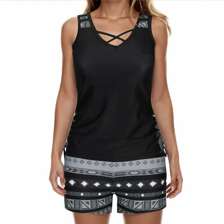 Women s Tankini Swimsuit Tummy Control 2 Piece Bathing Suit Striped Print Swim Tank Top With Boyshorts Black XXL