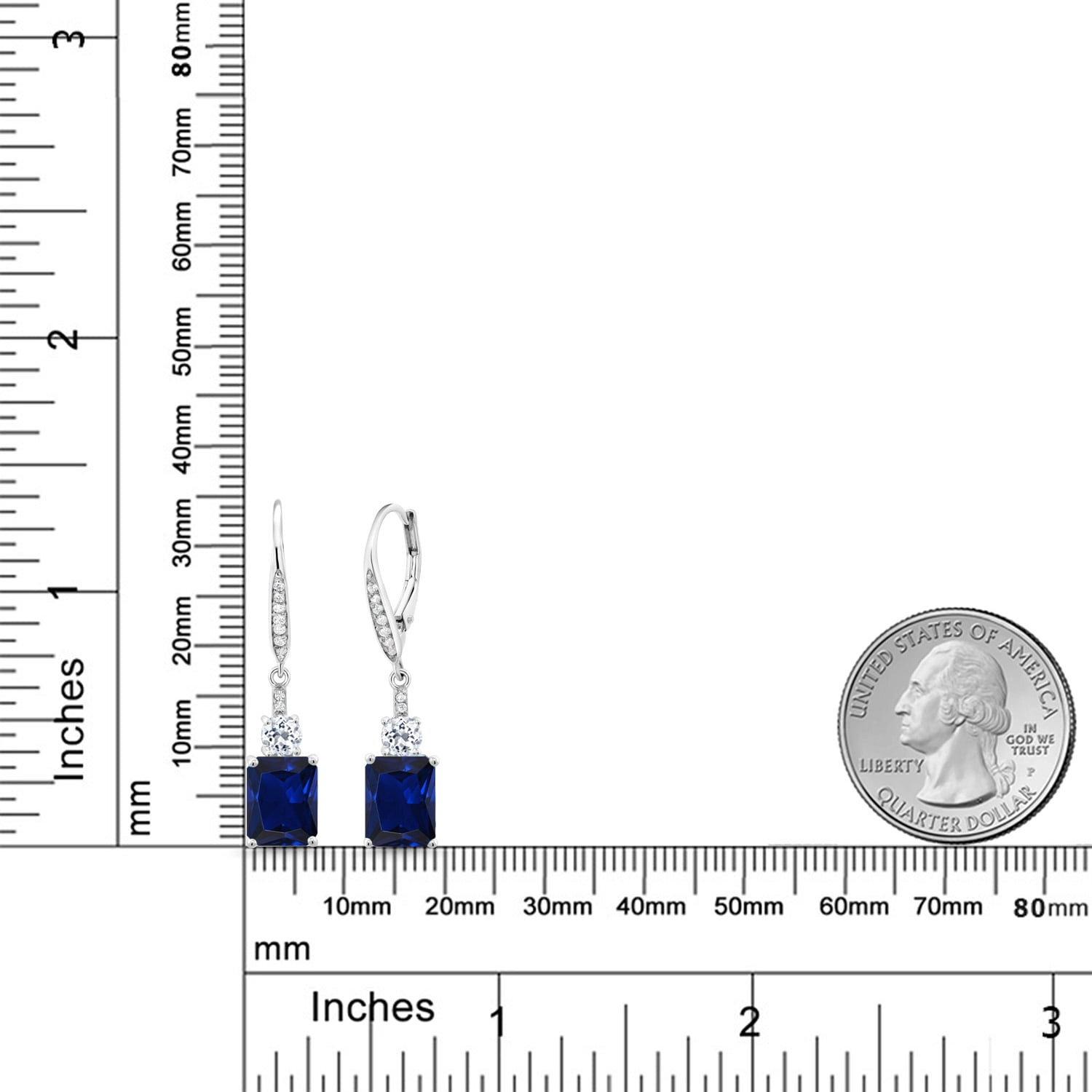 Gem Stone King 925 Sterling Silver Blue Created Sapphire and White Topaz Dangle Earrings for Women (6.06 Cttw, Gemstone September Birthstone, Octagon 9X7MM)