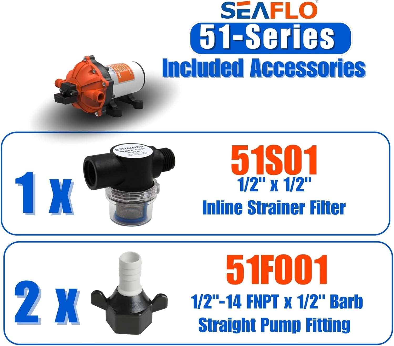 SEAFLO 51 Series Heavy-Duty Water Pressure Pump – 5.5 GPM, 60 PSI, 24V DC, 1/2" MNPT Ports - NSF, UL, CSA & IAPMO CERTIFIED FOR SAFETY - Self-Priming, 5-Chamber Diaphragm, Marine RV – 4-Year Warranty