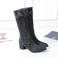thumbnail image 5 of Bescita Women Shoes Buttons Denim Pointed Tip Mid-heeled Thick Heel High Boots, 5 of 5