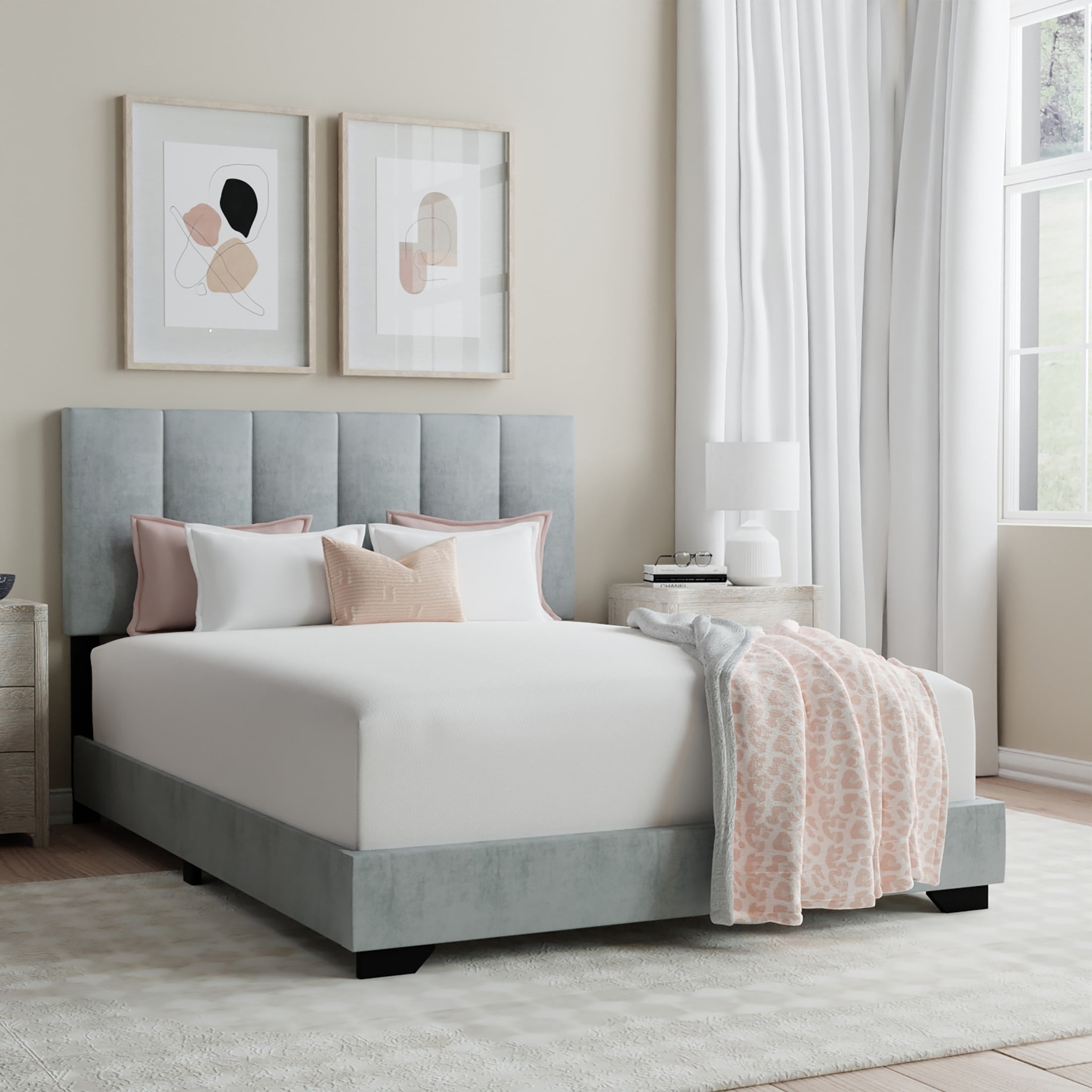 Reece Channel Stitched Upholstered Full Bed, Platinum, by Hillsdale Living Essentials
