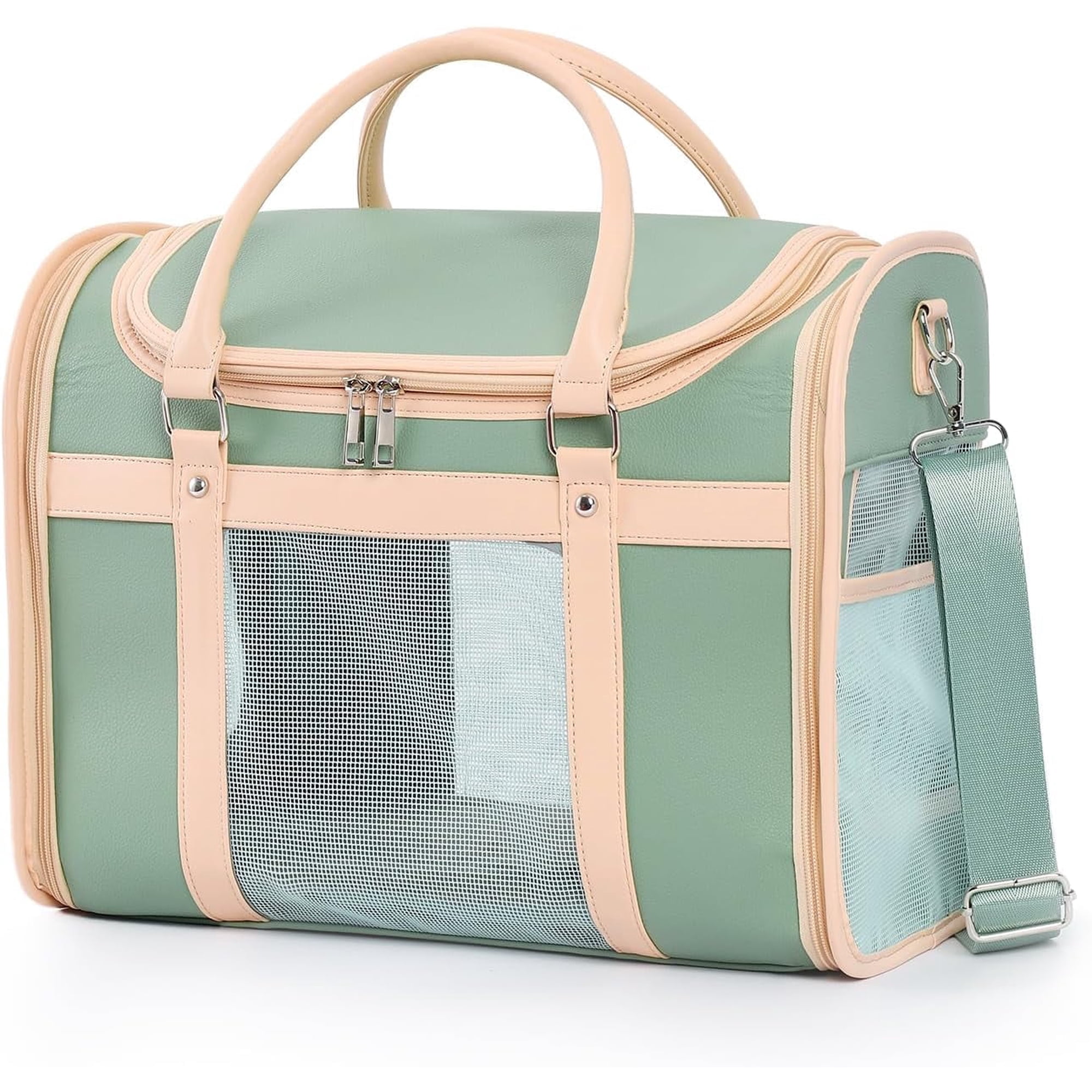 Luxury Mint Green Pet Carrier Elegant PU Leather Travel Bag - Airline-Compliant Portable Crate with Breathable Mesh for Cats Small Dogs Vet & Travel