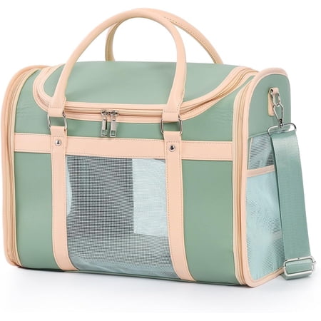 Luxury Mint Green Pet Carrier Elegant PU Leather Travel Bag - Airline-Compliant Portable Crate with Breathable Mesh for Cats Small Dogs Vet & Travel
